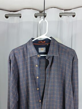 Enzone Men's Plaid Button-Front cotton Shirt in Navy with Orange Windowpane
